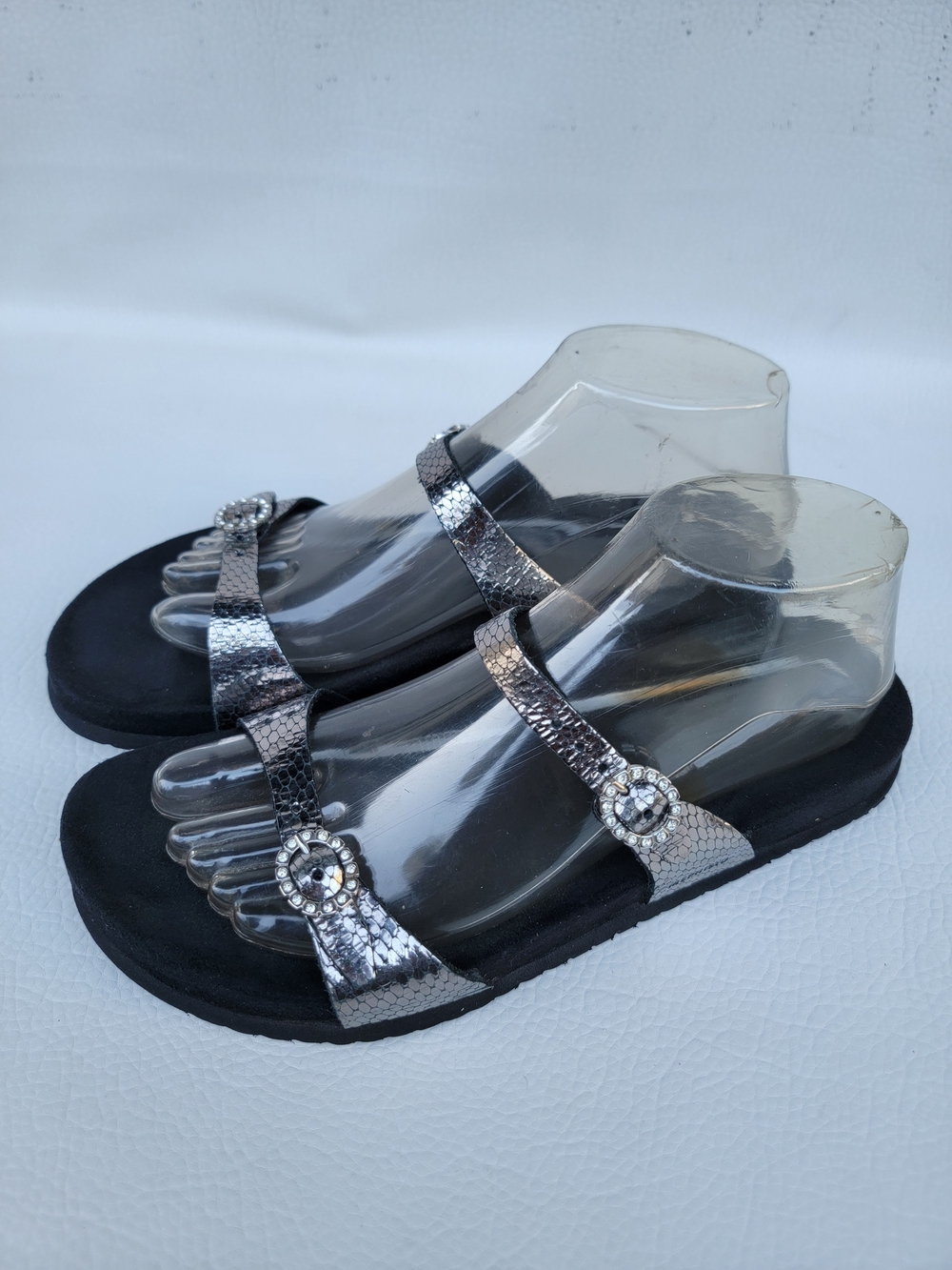 Mephisto Silver Metallic Rhinestone Thong Sandals